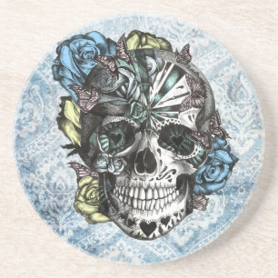 Grunge Candy sugar skull in blue yellow and pink. Coaster