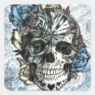Grunge Candy sugar skull in blue yellow and pink. Square Sticker