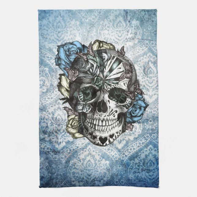 Grunge Candy sugar skull in blue yellow and pink. Tea Towel (Vertical)