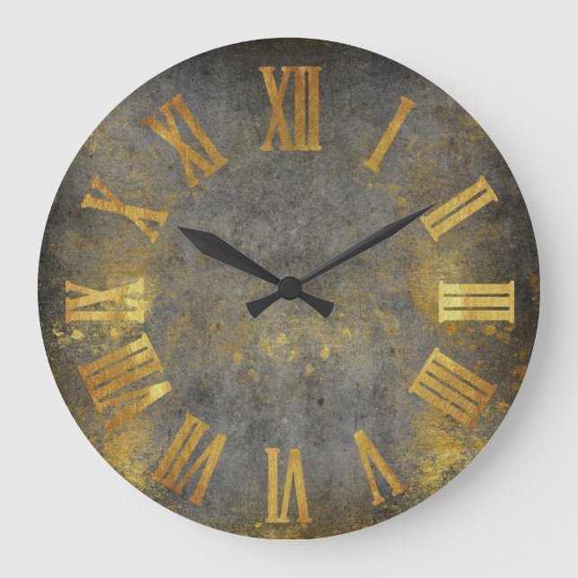 Grunge Cement Grey Gold Metal Minimal Roman Number Large Clock (Front)