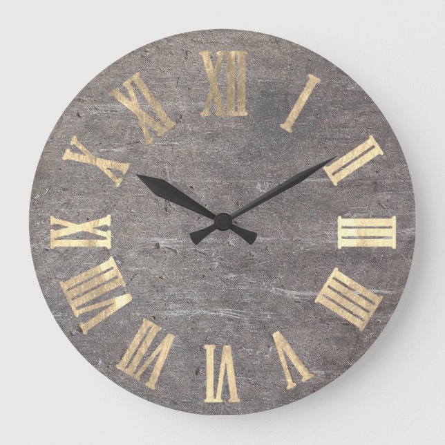 Grunge Cement Grey Grey Metal Minimal Roman Number Large Clock (Front)