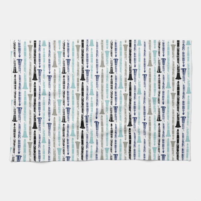 Grunge Clarinets - Blue and Grey Tea Towel (Horizontal)
