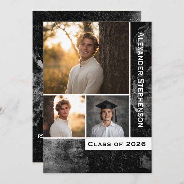 Grunge Concrete 3 Photo Boys Graduation Invitation (Front/Back)