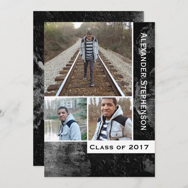 Grunge Concrete 3 Photo Boys Graduation Invitation (Front/Back)