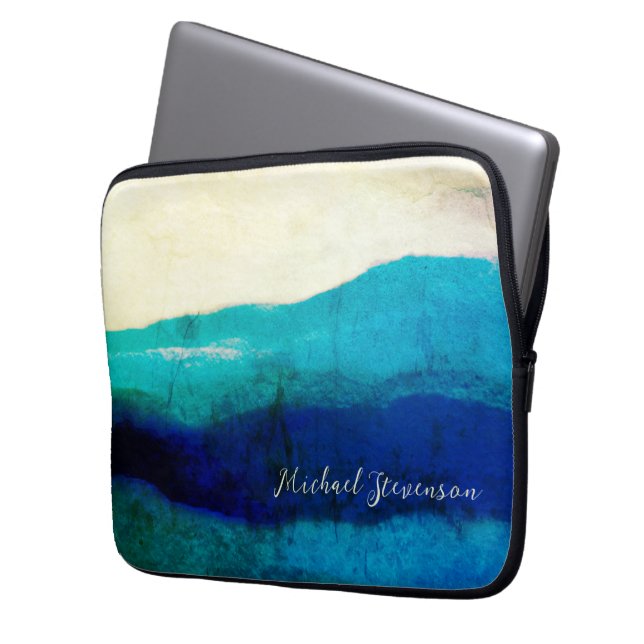 Grunge Cool Signature Turquoise and Ocean Blue Sea Laptop Sleeve (Front Left)