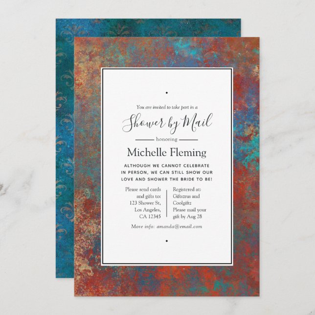 Grunge Copper Patina and Turquoise Shower by Mail Invitation (Front/Back)