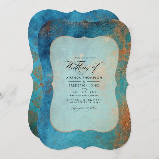 Grunge Copper Patina and Turquoise Wedding Invitation (Front/Back)