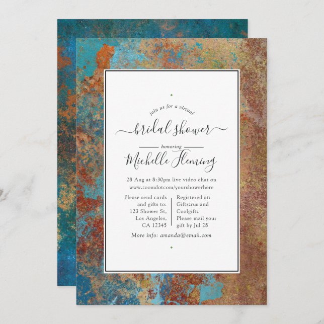 Grunge Copper Patina & Teal Virtual Bridal Shower Invitation (Front/Back)