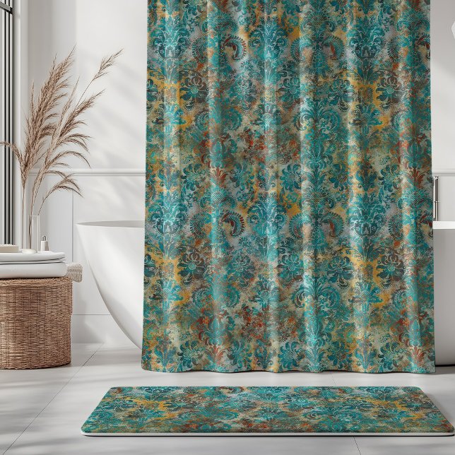 Grunge Damask Aqua Viridian Mustard Terracotta Shower Curtain (Creator Uploaded)