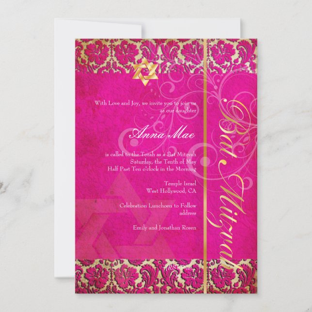 Grunge Damask Bat Mitzvah/strawberry shortcake Invitation (Front)