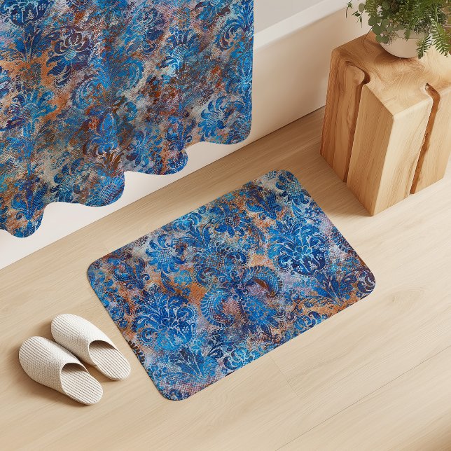 Grunge Damask Cobalt Blue Rust Orange Bath Mat (Creator Uploaded)