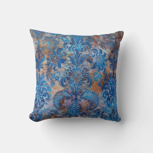 Grunge Damask Cobalt Blue Rust Orange Cushion (Front)