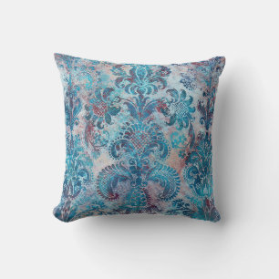 Grunge Damask Denim Blue Burgundy Peach Blush Pink Cushion