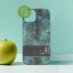 grunge damask Pattern with Monogram teal iPhone 16 Case