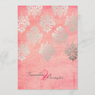 Grunge Damask/pink/faux silver wedding invitations