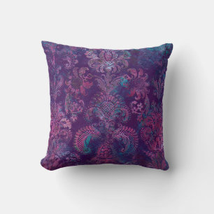 Grunge Damask Purple Violet Hot Pink Turquoise Cushion