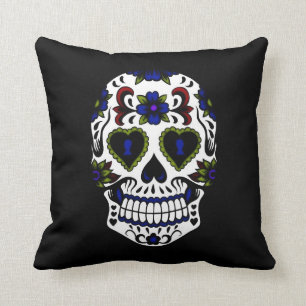 Grunge Day of the Dead Blue & Red Cushion