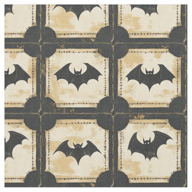 Grunge Denim Halloween Patchwork with Bats (2) Fabric (Close Up)