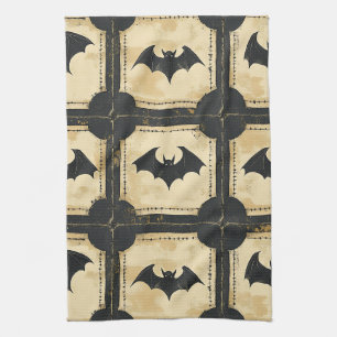 Grunge Denim Halloween Patchwork with Bats (2) Tea Towel
