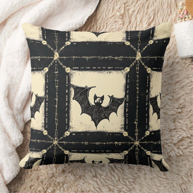 Grunge Denim Halloween Patchwork with Bats Cushion (Blanket)