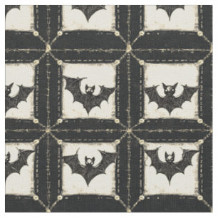 Grunge Denim Halloween Patchwork with Bats Fabric