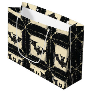 Grunge Denim Halloween Patchwork with Bats Large Gift Bag