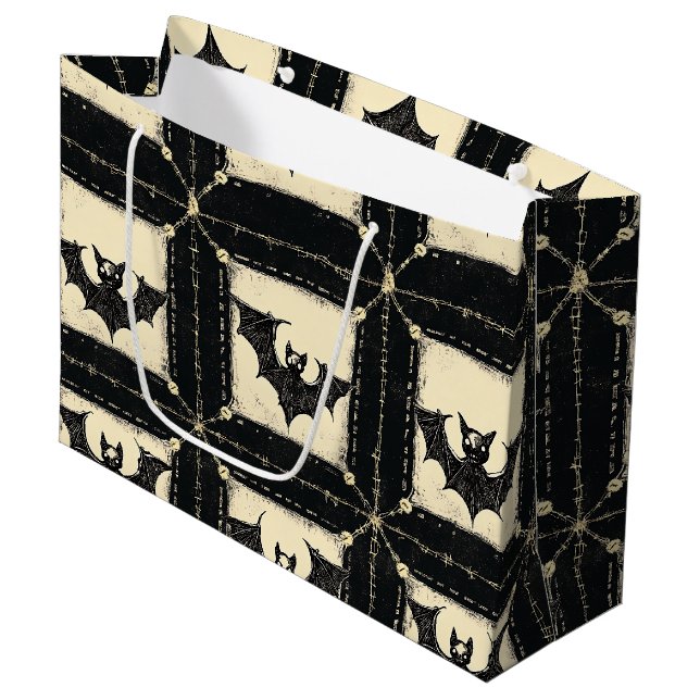 Grunge Denim Halloween Patchwork with Bats Large Gift Bag (Front Angled)