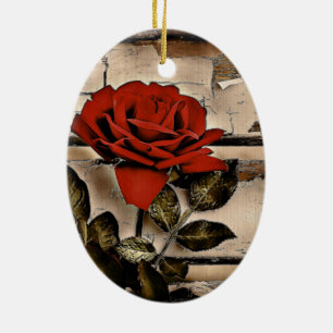 Grunge Distressed Barn Wood Rustic Red Rose Ceramic Ornament