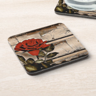 Grunge Distressed Barn Wood Rustic Red Rose Coaster