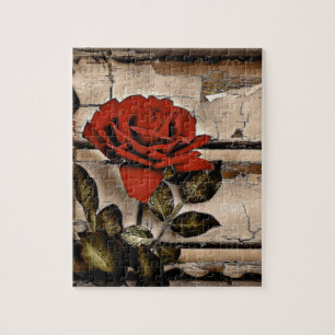 Grunge Distressed Barn Wood Rustic Red Rose Jigsaw Puzzle