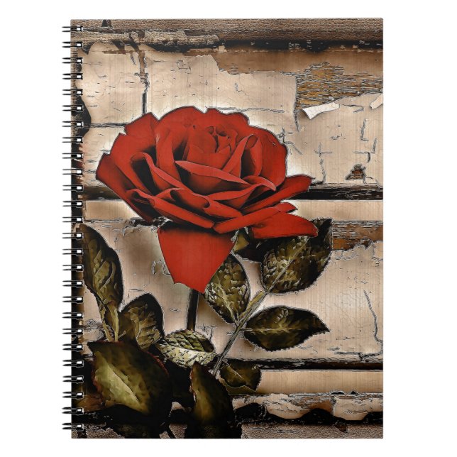 Grunge Distressed Barn Wood Rustic Red Rose Notebook (Front)