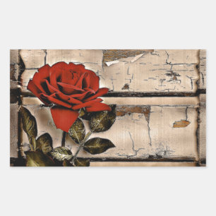 Grunge Distressed Barn Wood Rustic Red Rose Rectangular Sticker