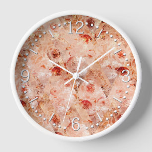 Grunge floral pattern. Coral background. Clock