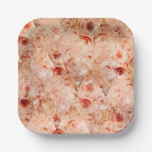 Grunge floral pattern. Coral background.  Paper Plate