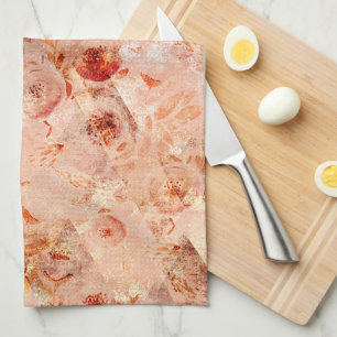 Grunge floral pattern. Coral background.  Tea Towel