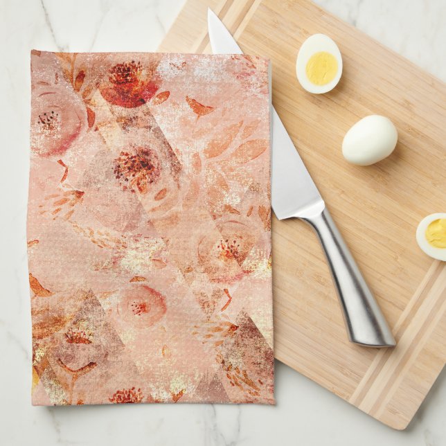 Grunge floral pattern. Coral background.  Tea Towel (Quarter Fold)