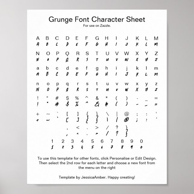 Grunge Font Character Sheet for Zazzle Poster (Front)