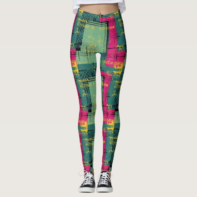Grunge Geometric Street Art Collage Pattern Leggings (Front)