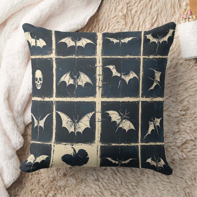 Grunge Gothic Bats & Skulls Denim Pattern Cushion (Blanket)