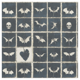 Grunge Gothic Bats & Skulls Denim Pattern Fabric
