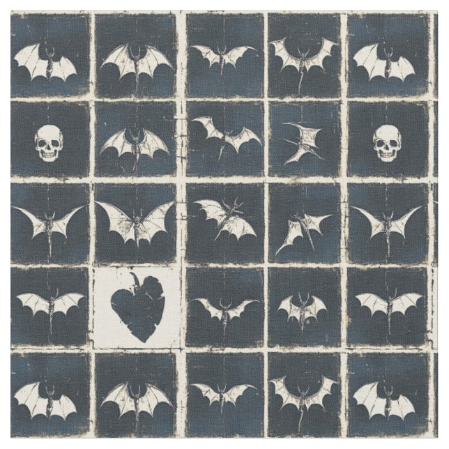 Grunge Gothic Bats & Skulls Denim Pattern Fabric (Close Up)