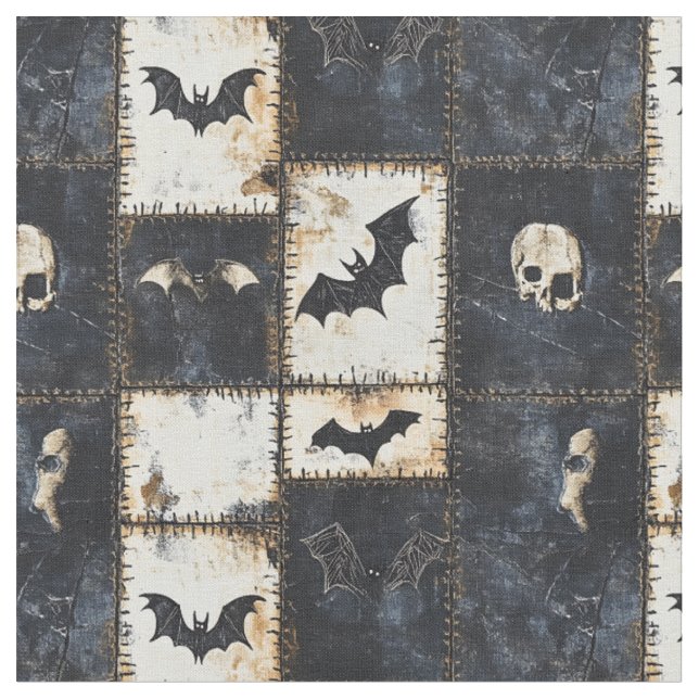 Grunge Gothic Bats & Skulls Denim Pattern Fabric (Close Up)