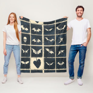 Grunge Gothic Bats & Skulls Denim Pattern Fleece Blanket