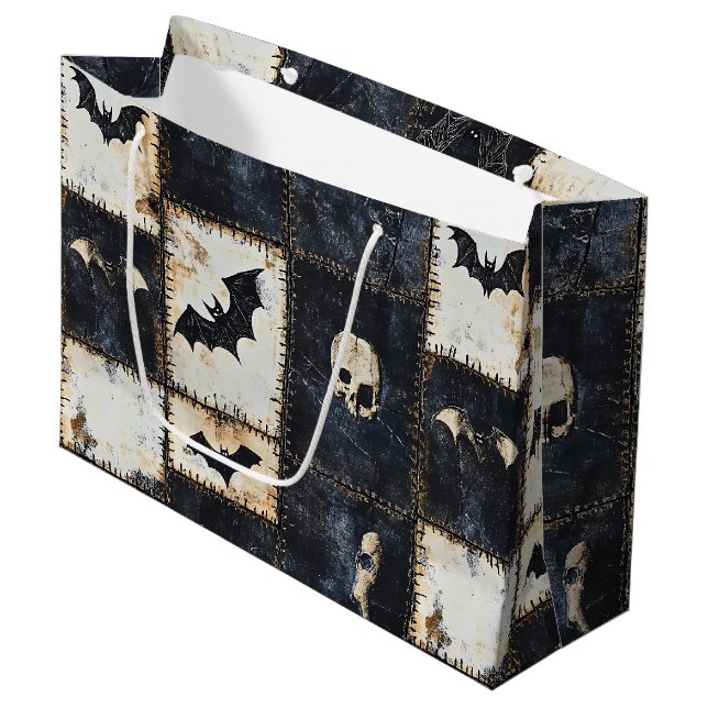 Grunge Gothic Bats & Skulls Denim Pattern Large Gift Bag (Front Angled)