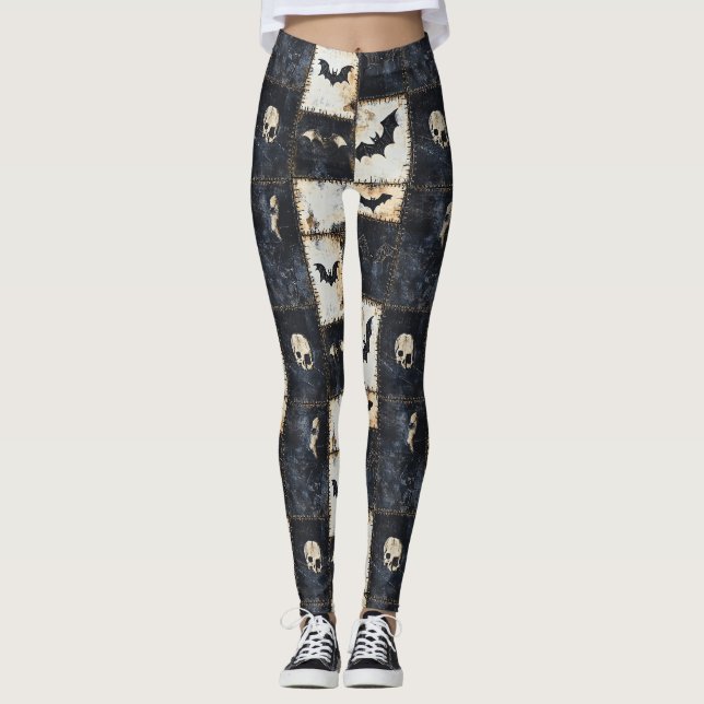 Grunge Gothic Bats & Skulls Denim Pattern Leggings (Front)