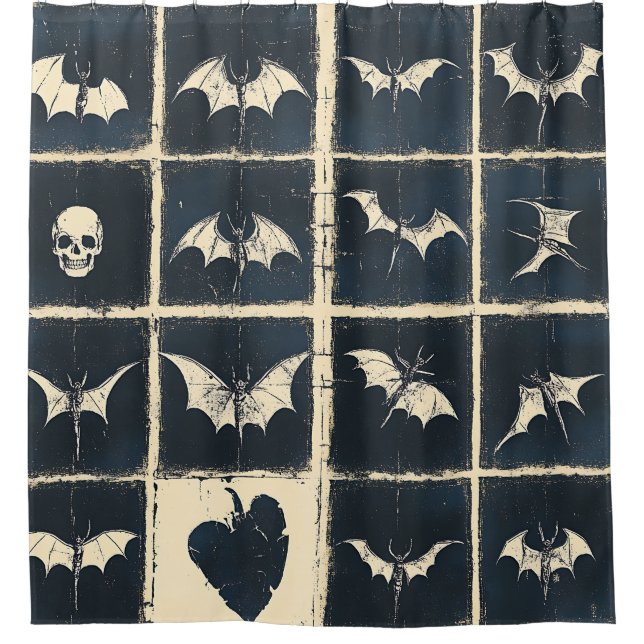 Grunge Gothic Bats & Skulls Denim Pattern Shower Curtain (Front)