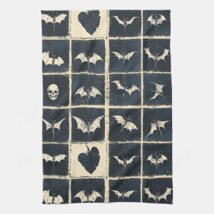Grunge Gothic Bats & Skulls Denim Pattern Tea Towel