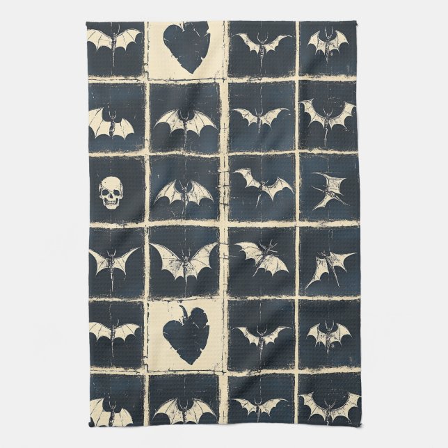 Grunge Gothic Bats & Skulls Denim Pattern Tea Towel (Vertical)
