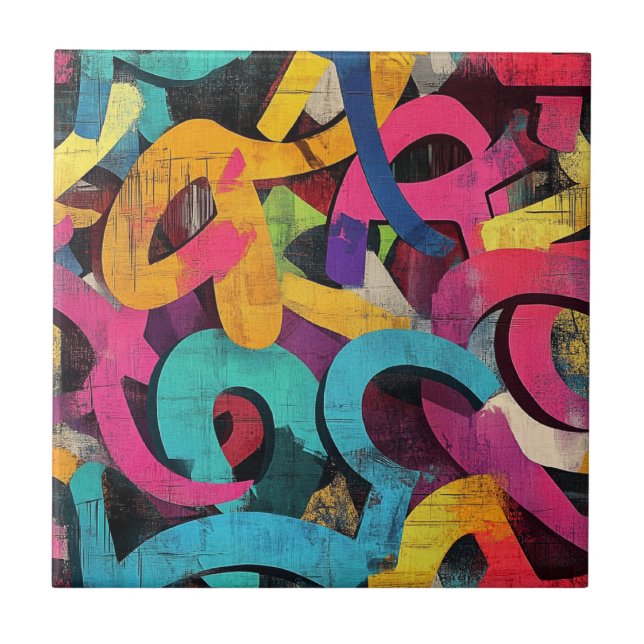 Grunge Graffiti Abstract in Pink Yellow Blue Ceramic Tile (Front)