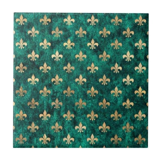 Grunge Green Velvet Fleur De Lis Mardi Gras Ceramic Tile (Front)